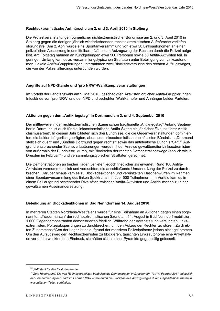 Seite 88 des Verfassungsschutzbericht 2010 Nordrhein-Westfalen