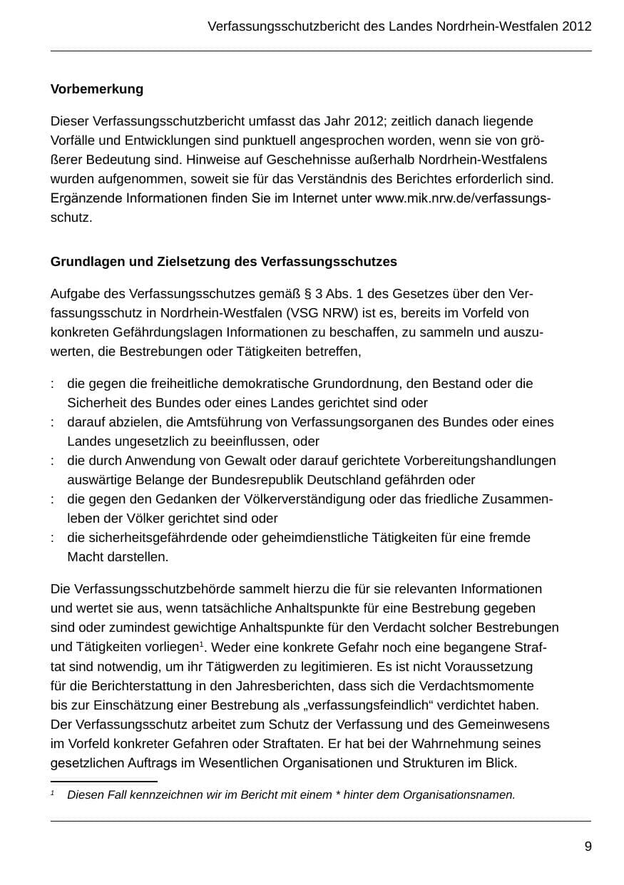 Seite 11 des Verfassungsschutzbericht 2012 Nordrhein-Westfalen