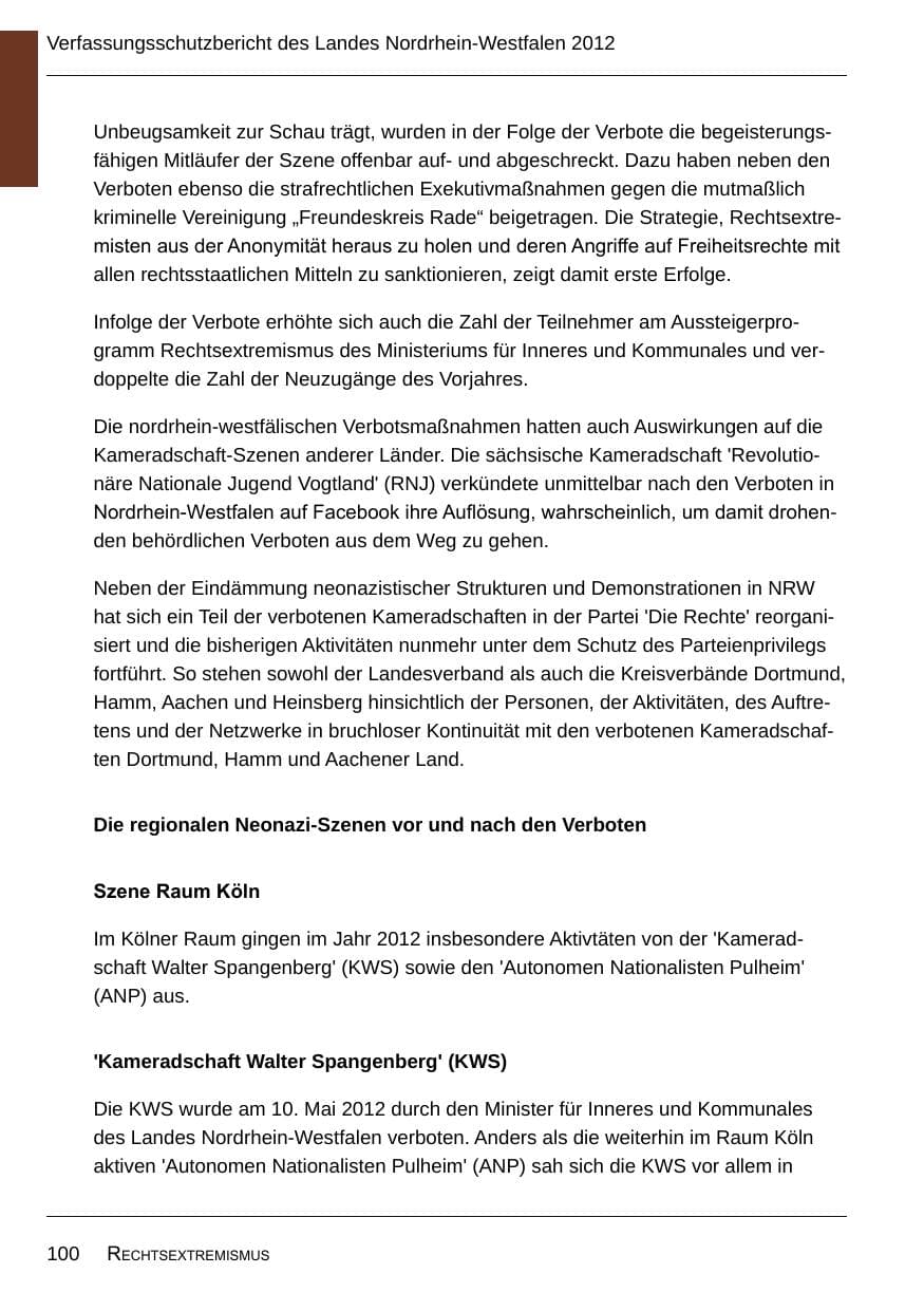 Seite 102 des Verfassungsschutzbericht 2012 Nordrhein-Westfalen