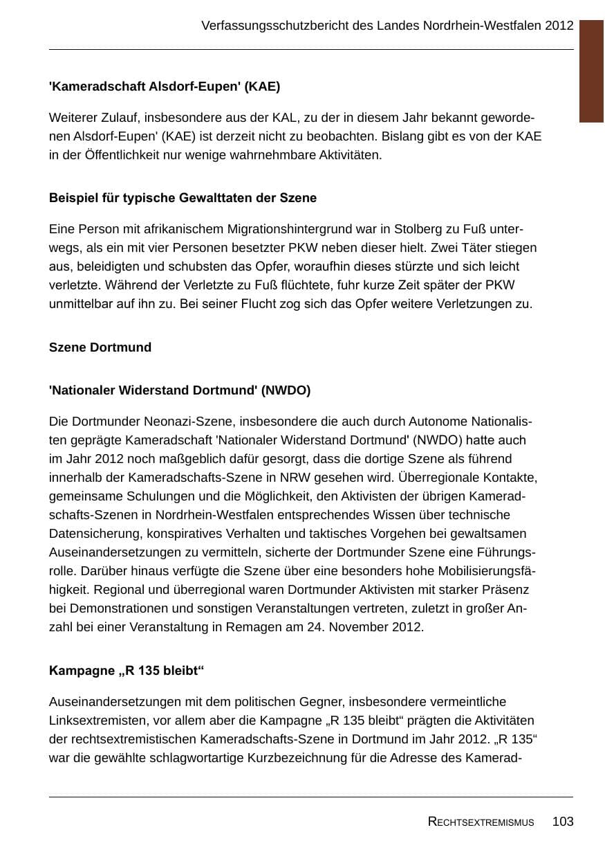Seite 105 des Verfassungsschutzbericht 2012 Nordrhein-Westfalen