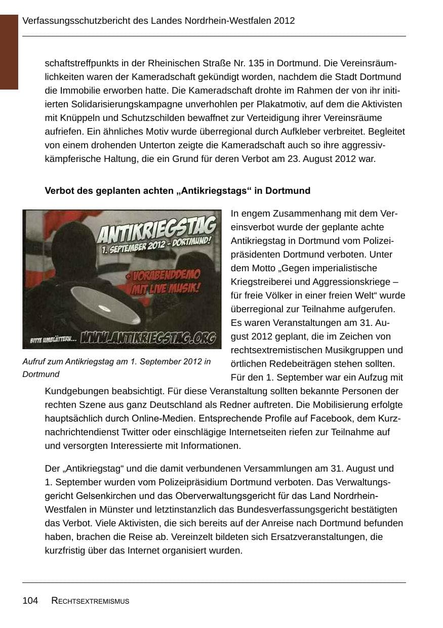 Seite 106 des Verfassungsschutzbericht 2012 Nordrhein-Westfalen