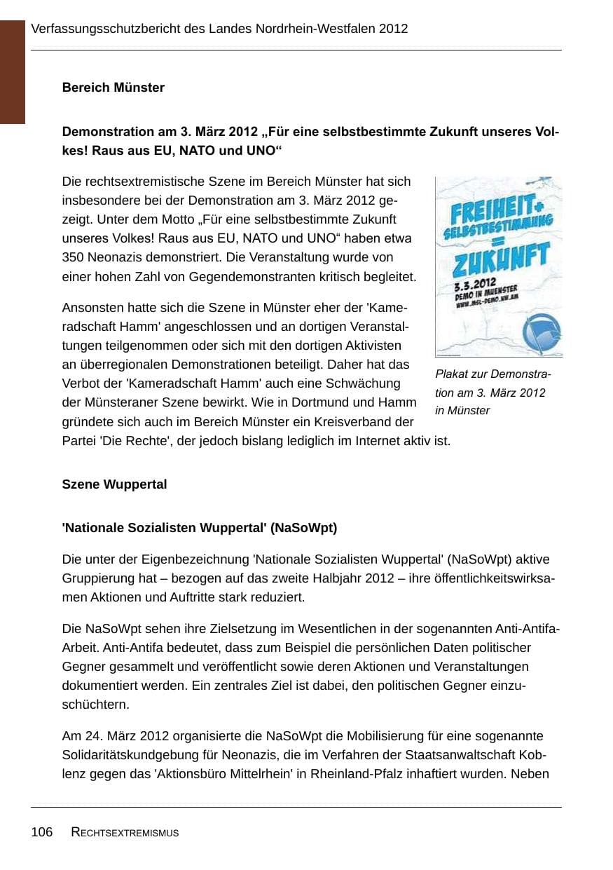 Seite 108 des Verfassungsschutzbericht 2012 Nordrhein-Westfalen