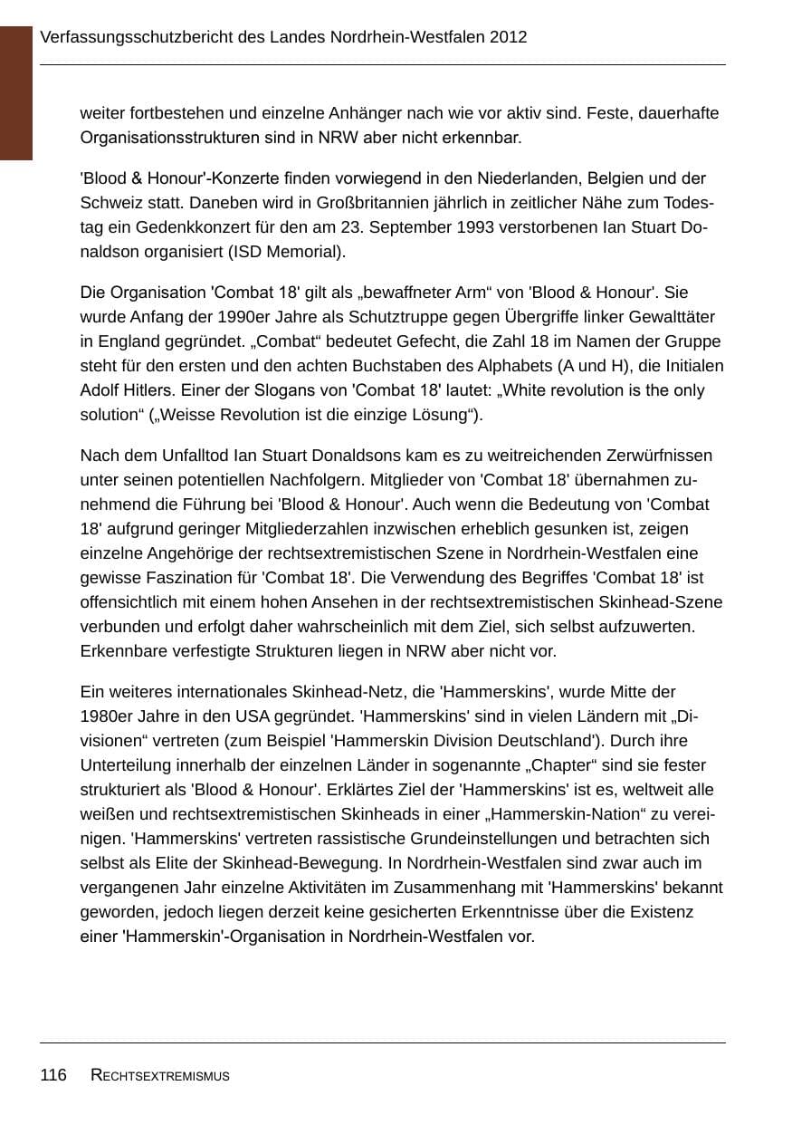 Seite 118 des Verfassungsschutzbericht 2012 Nordrhein-Westfalen