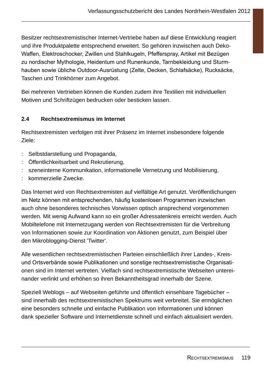 Seite 121 des Verfassungsschutzbericht 2012 Nordrhein-Westfalen