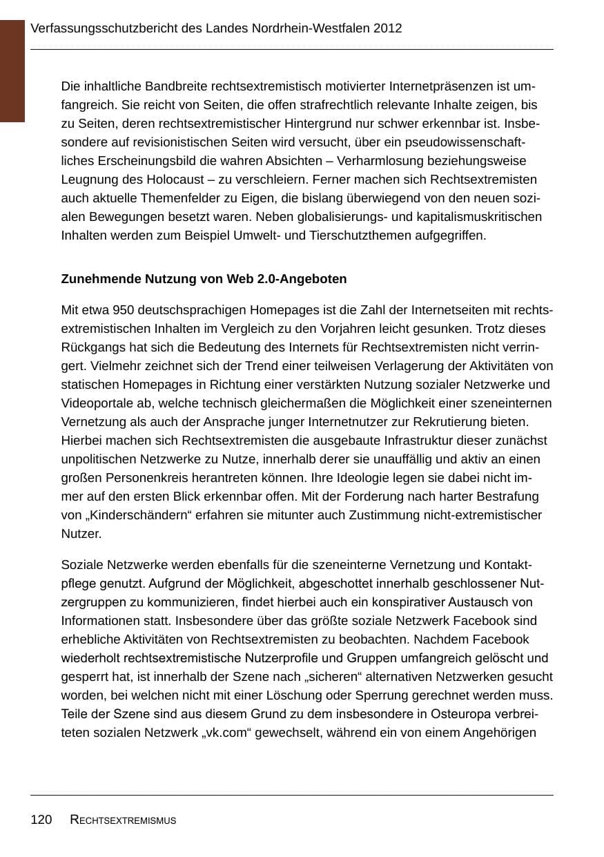 Seite 122 des Verfassungsschutzbericht 2012 Nordrhein-Westfalen