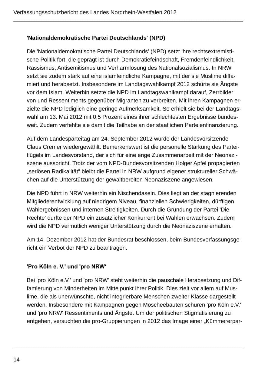 Seite 16 des Verfassungsschutzbericht 2012 Nordrhein-Westfalen