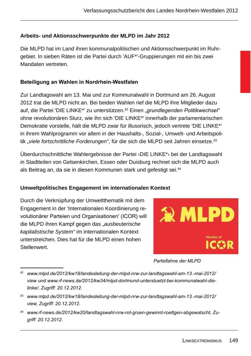 Seite 151 des Verfassungsschutzbericht 2012 Nordrhein-Westfalen