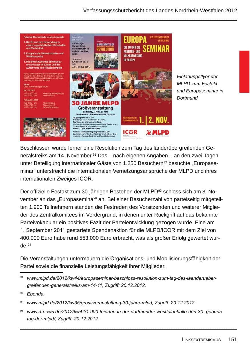 Seite 153 des Verfassungsschutzbericht 2012 Nordrhein-Westfalen