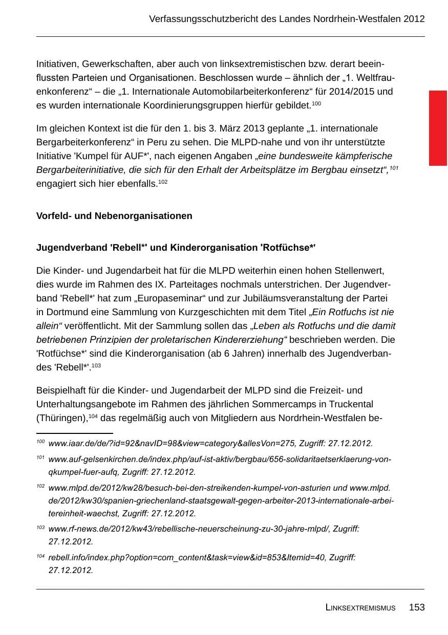 Seite 155 des Verfassungsschutzbericht 2012 Nordrhein-Westfalen
