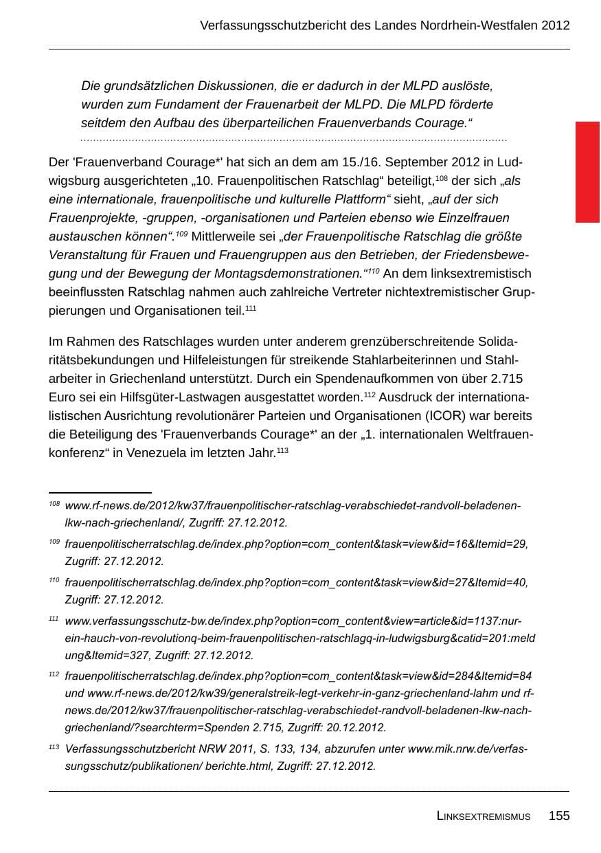 Seite 157 des Verfassungsschutzbericht 2012 Nordrhein-Westfalen