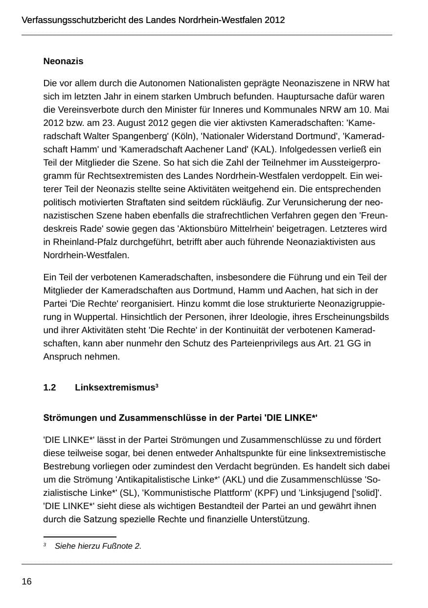 Seite 18 des Verfassungsschutzbericht 2012 Nordrhein-Westfalen