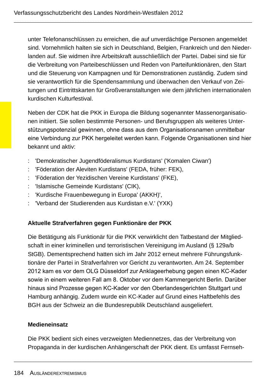 Seite 186 des Verfassungsschutzbericht 2012 Nordrhein-Westfalen
