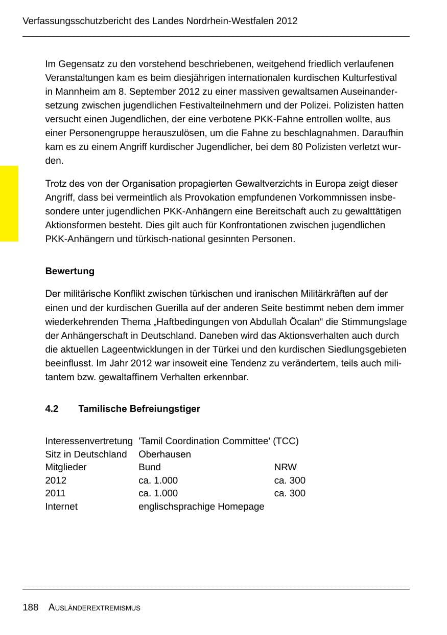 Seite 190 des Verfassungsschutzbericht 2012 Nordrhein-Westfalen