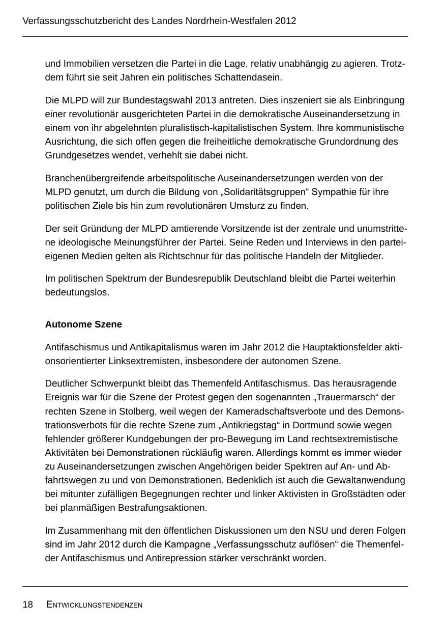 Seite 20 des Verfassungsschutzbericht 2012 Nordrhein-Westfalen