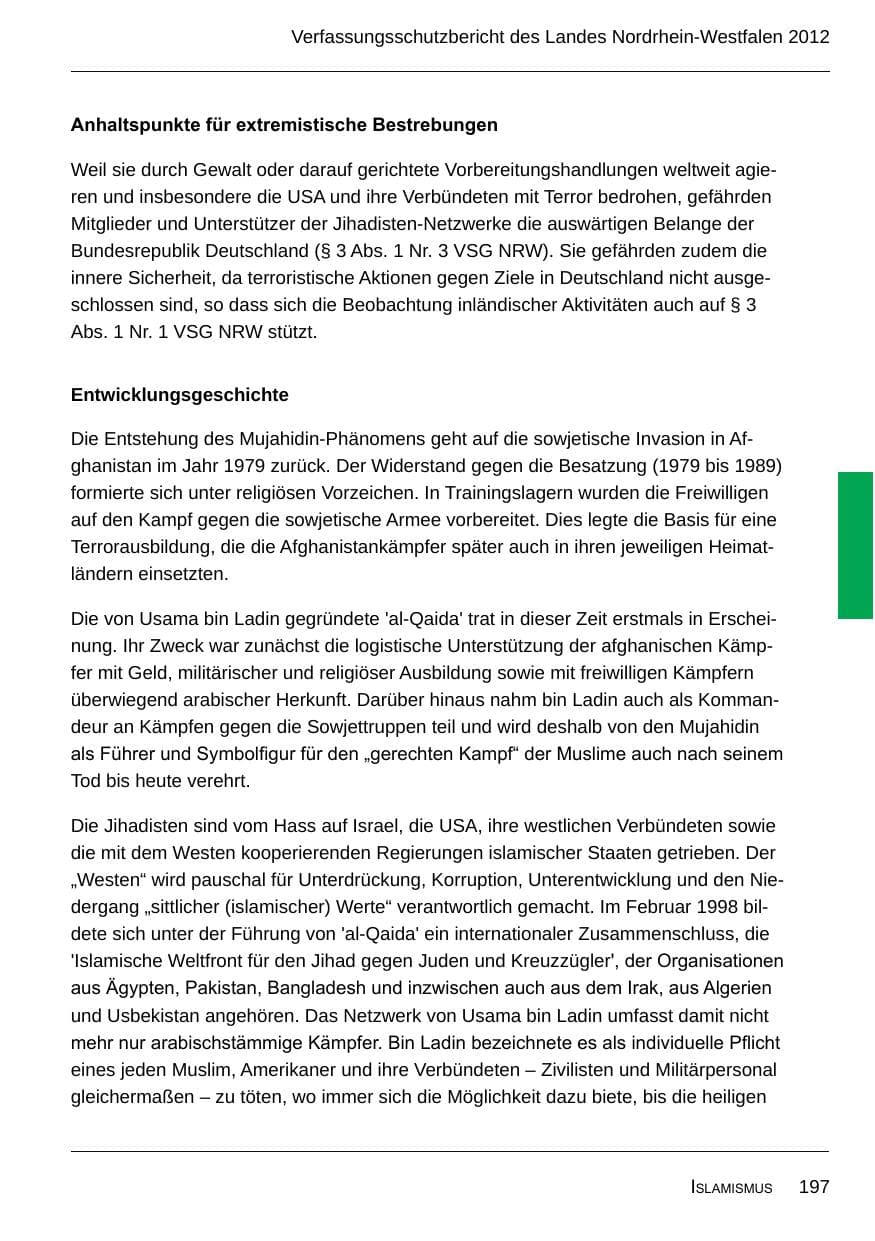 Seite 199 des Verfassungsschutzbericht 2012 Nordrhein-Westfalen