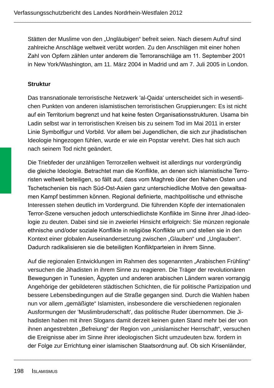 Seite 200 des Verfassungsschutzbericht 2012 Nordrhein-Westfalen