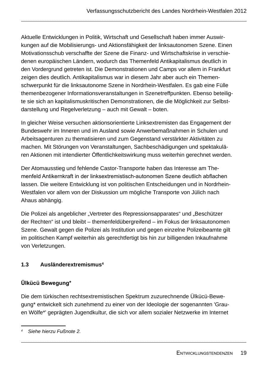Seite 21 des Verfassungsschutzbericht 2012 Nordrhein-Westfalen