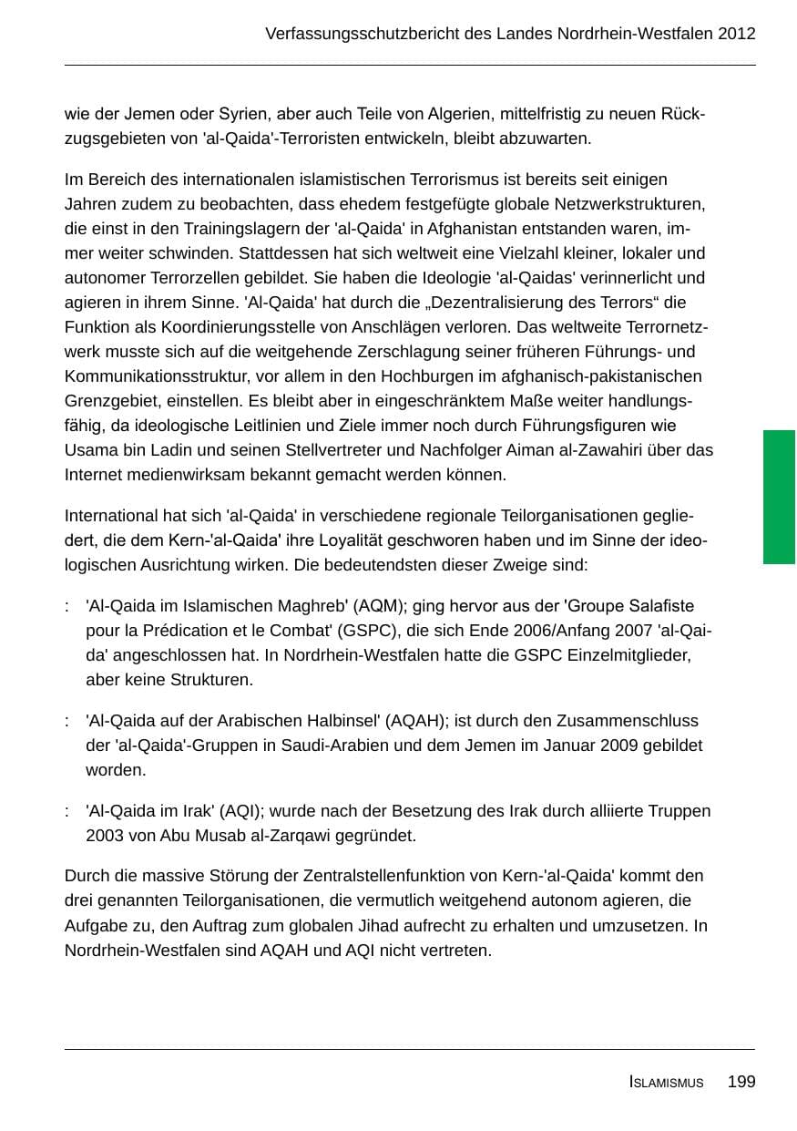 Seite 201 des Verfassungsschutzbericht 2012 Nordrhein-Westfalen