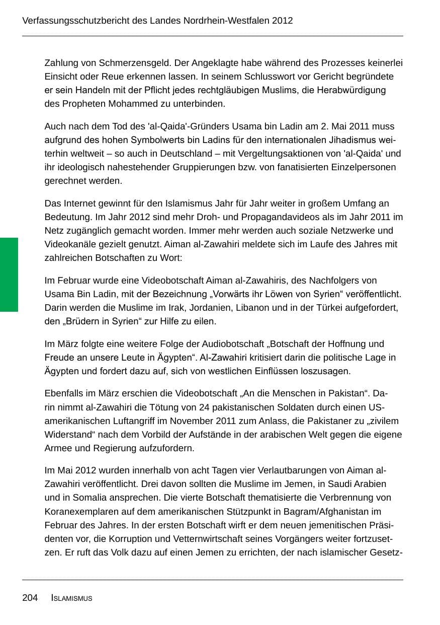 Seite 206 des Verfassungsschutzbericht 2012 Nordrhein-Westfalen