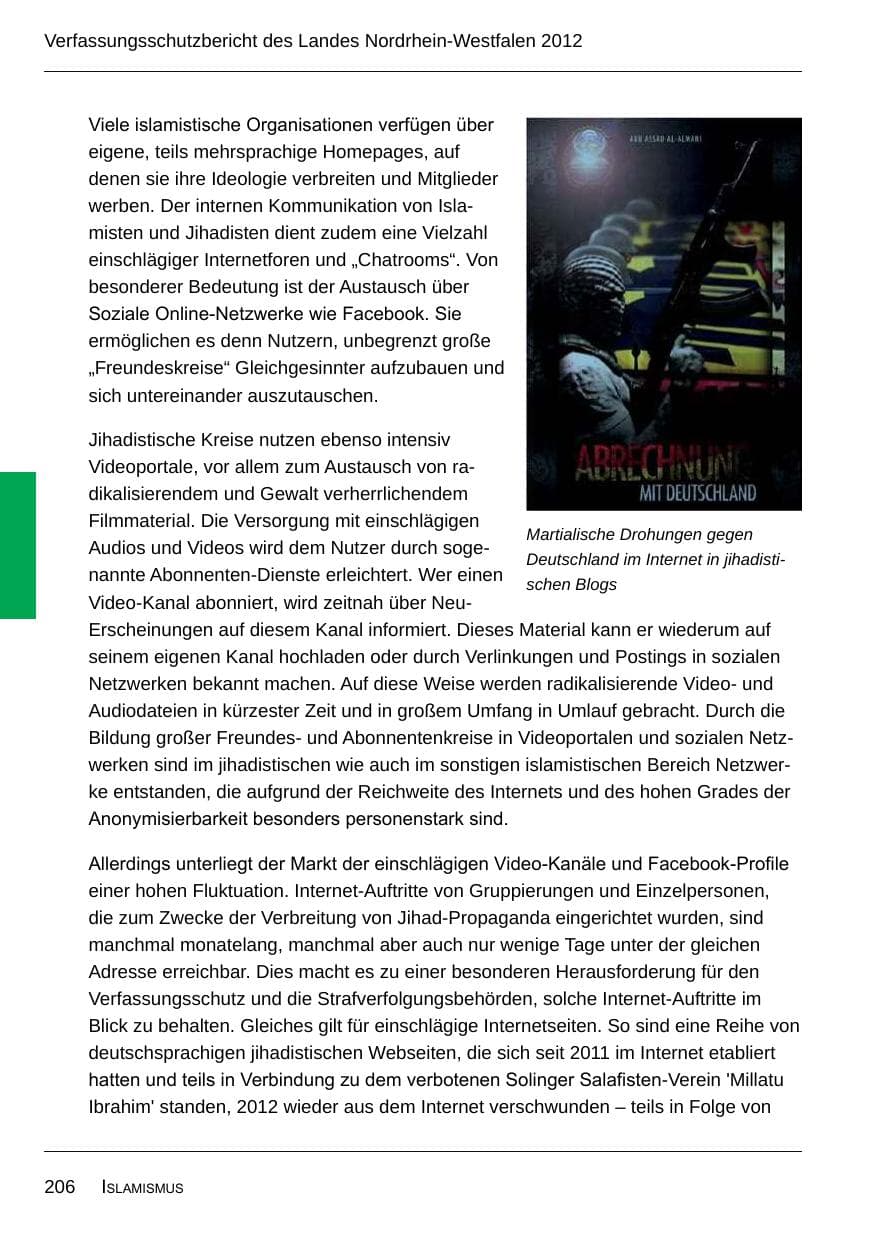 Seite 208 des Verfassungsschutzbericht 2012 Nordrhein-Westfalen