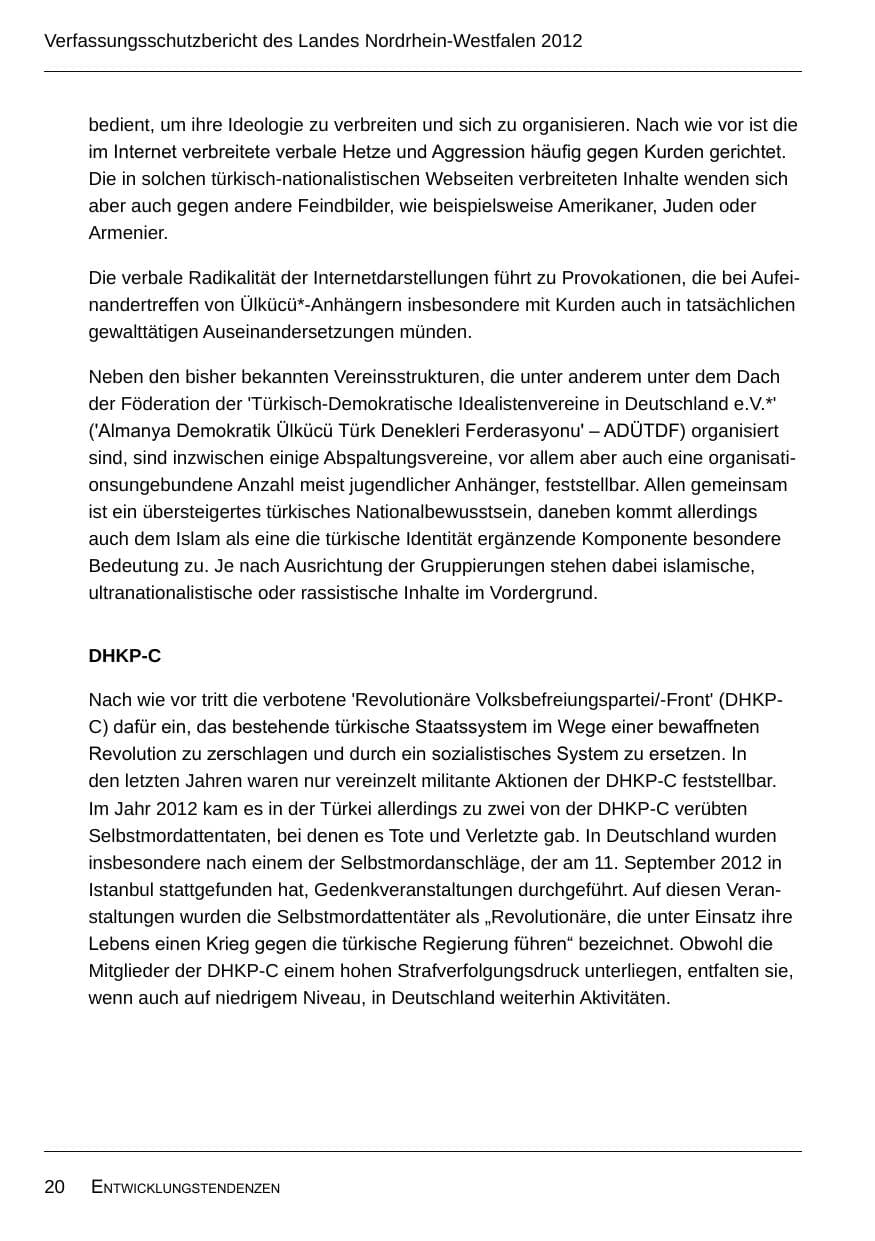 Seite 22 des Verfassungsschutzbericht 2012 Nordrhein-Westfalen
