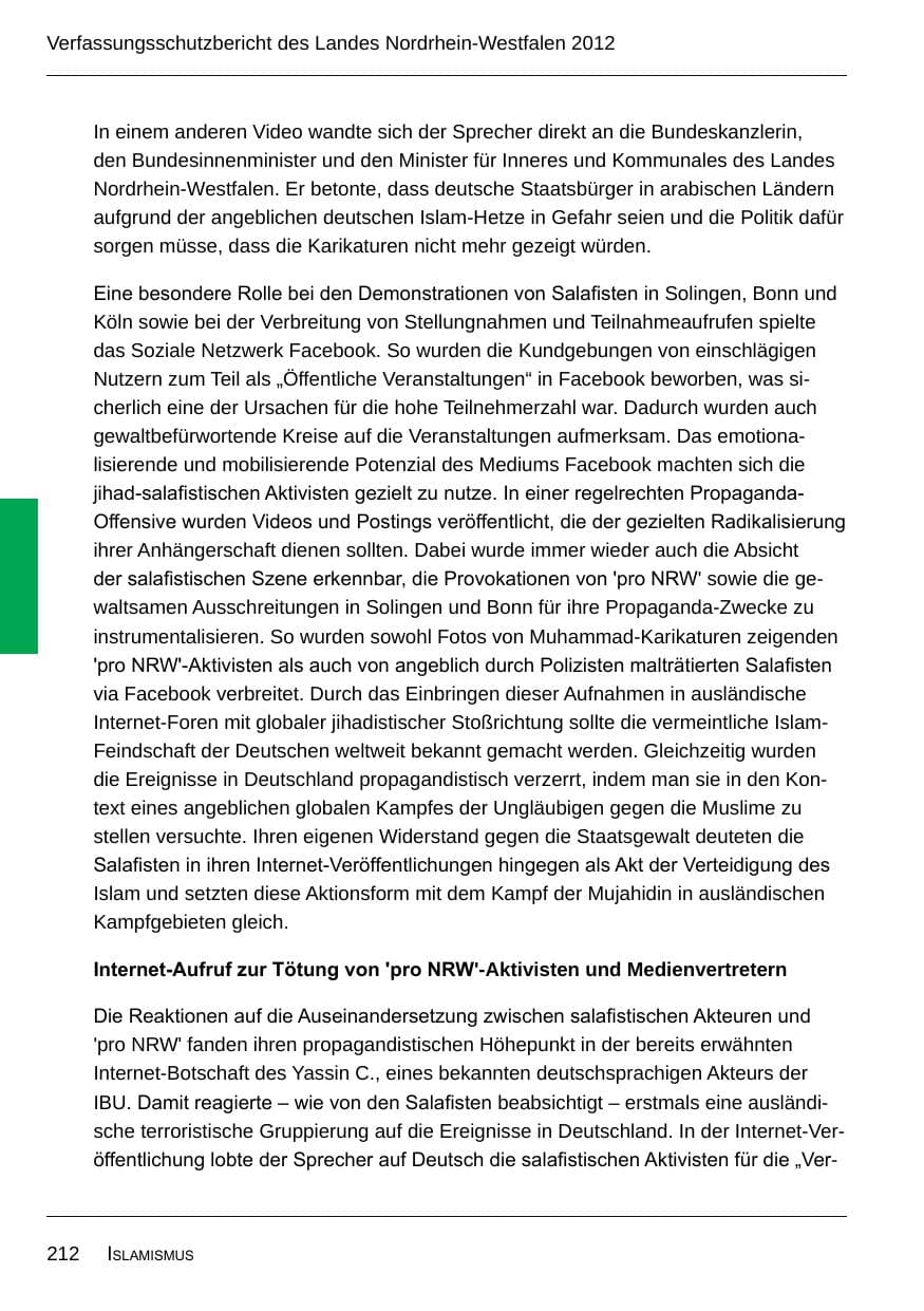 Seite 214 des Verfassungsschutzbericht 2012 Nordrhein-Westfalen