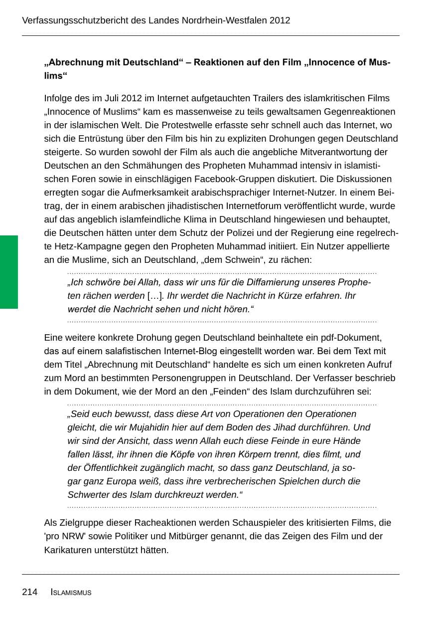 Seite 216 des Verfassungsschutzbericht 2012 Nordrhein-Westfalen