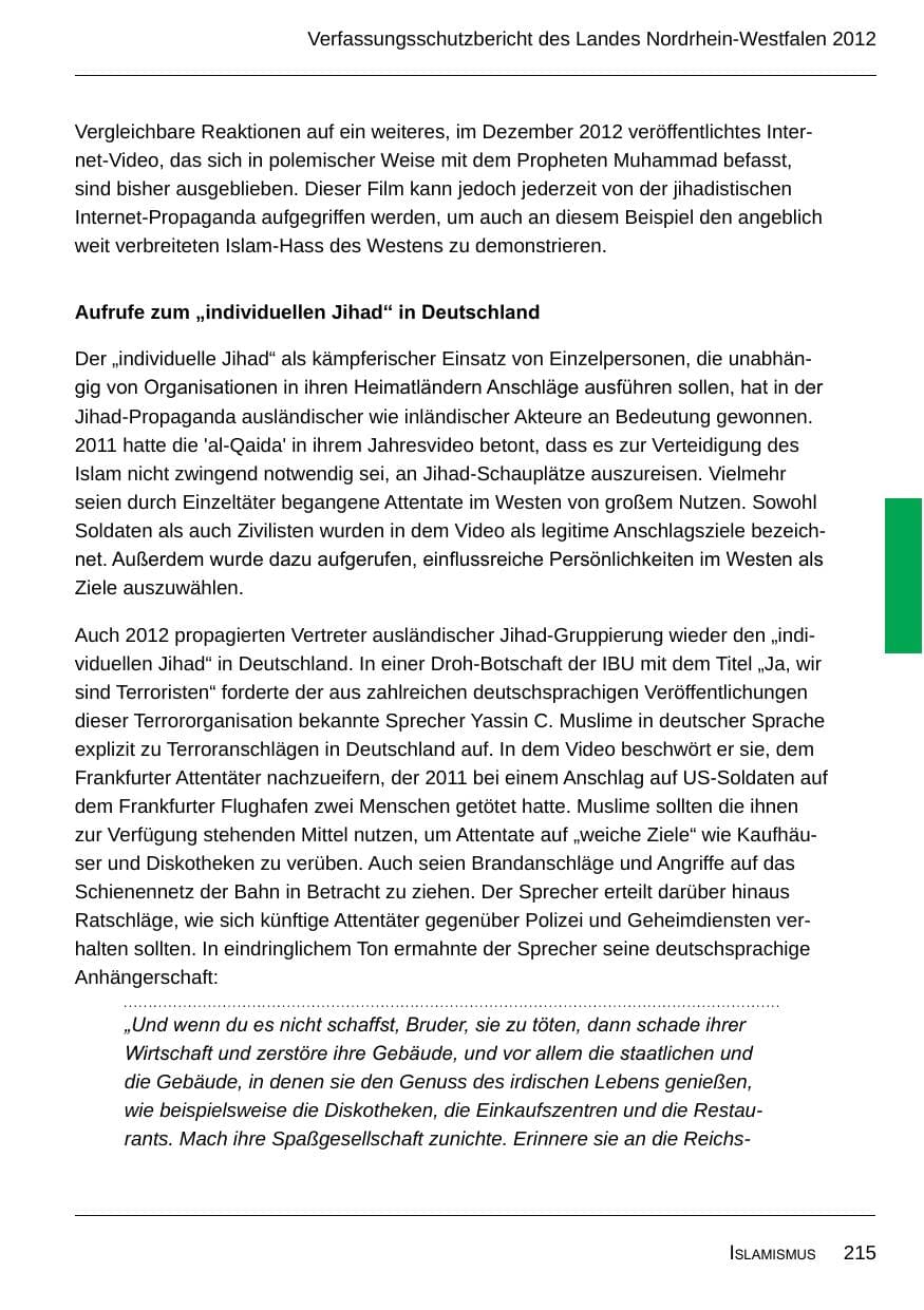 Seite 217 des Verfassungsschutzbericht 2012 Nordrhein-Westfalen