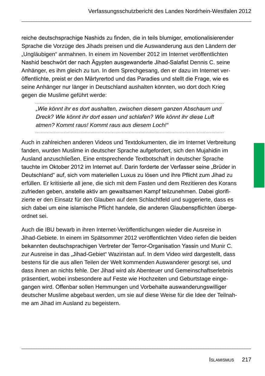 Seite 219 des Verfassungsschutzbericht 2012 Nordrhein-Westfalen
