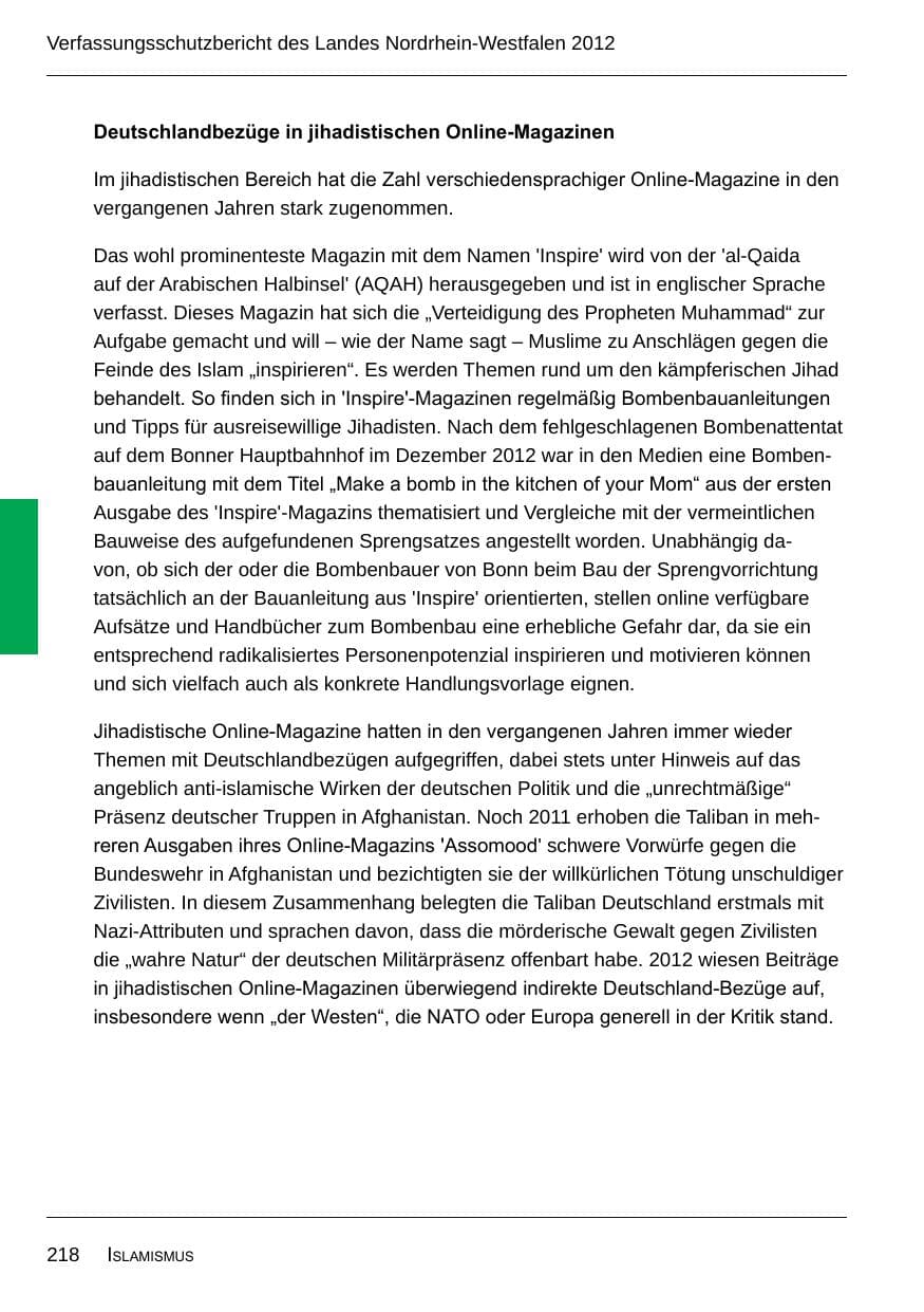 Seite 220 des Verfassungsschutzbericht 2012 Nordrhein-Westfalen