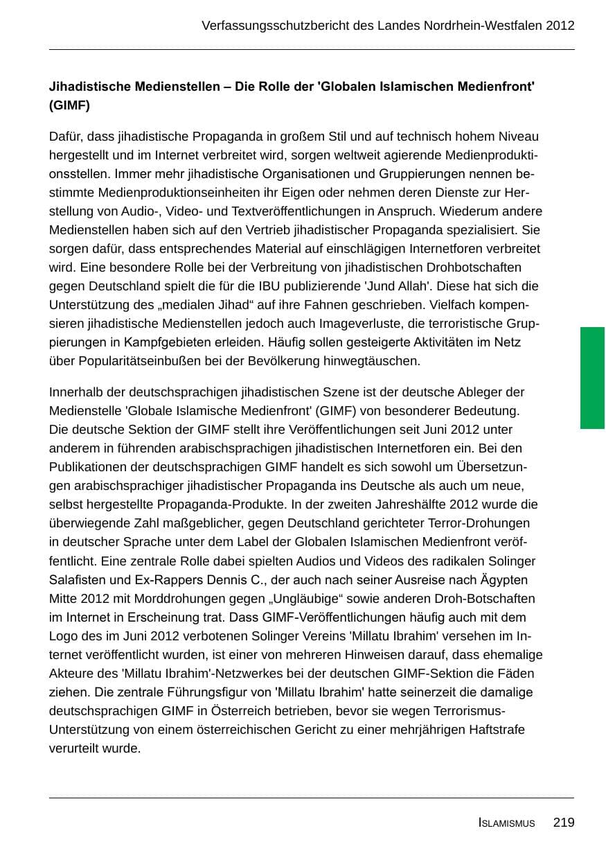 Seite 221 des Verfassungsschutzbericht 2012 Nordrhein-Westfalen