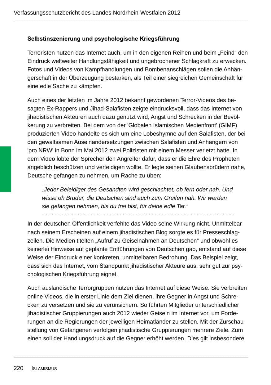 Seite 222 des Verfassungsschutzbericht 2012 Nordrhein-Westfalen