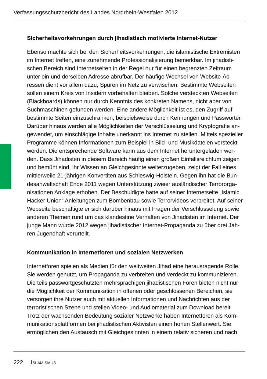 Seite 224 des Verfassungsschutzbericht 2012 Nordrhein-Westfalen