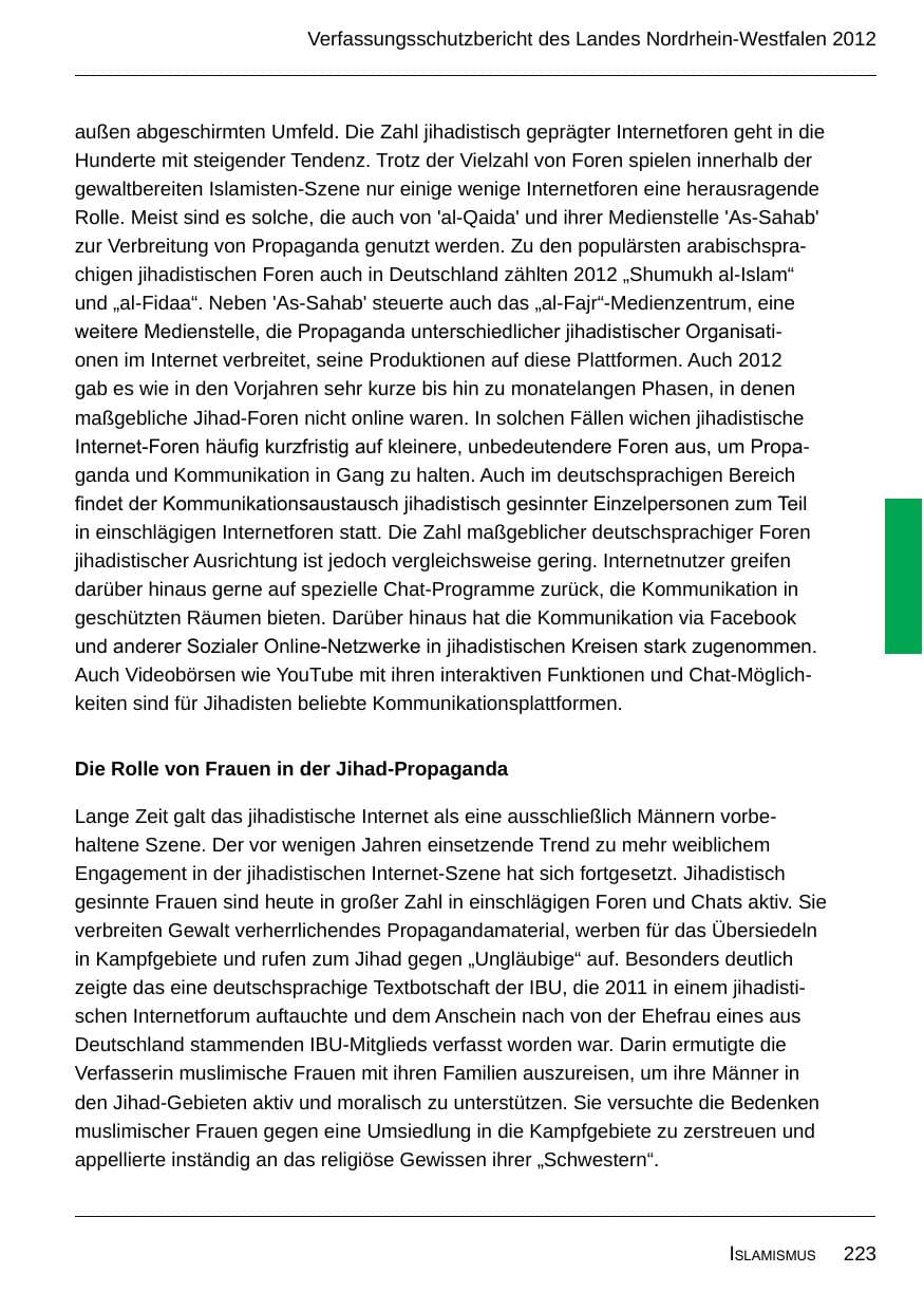 Seite 225 des Verfassungsschutzbericht 2012 Nordrhein-Westfalen