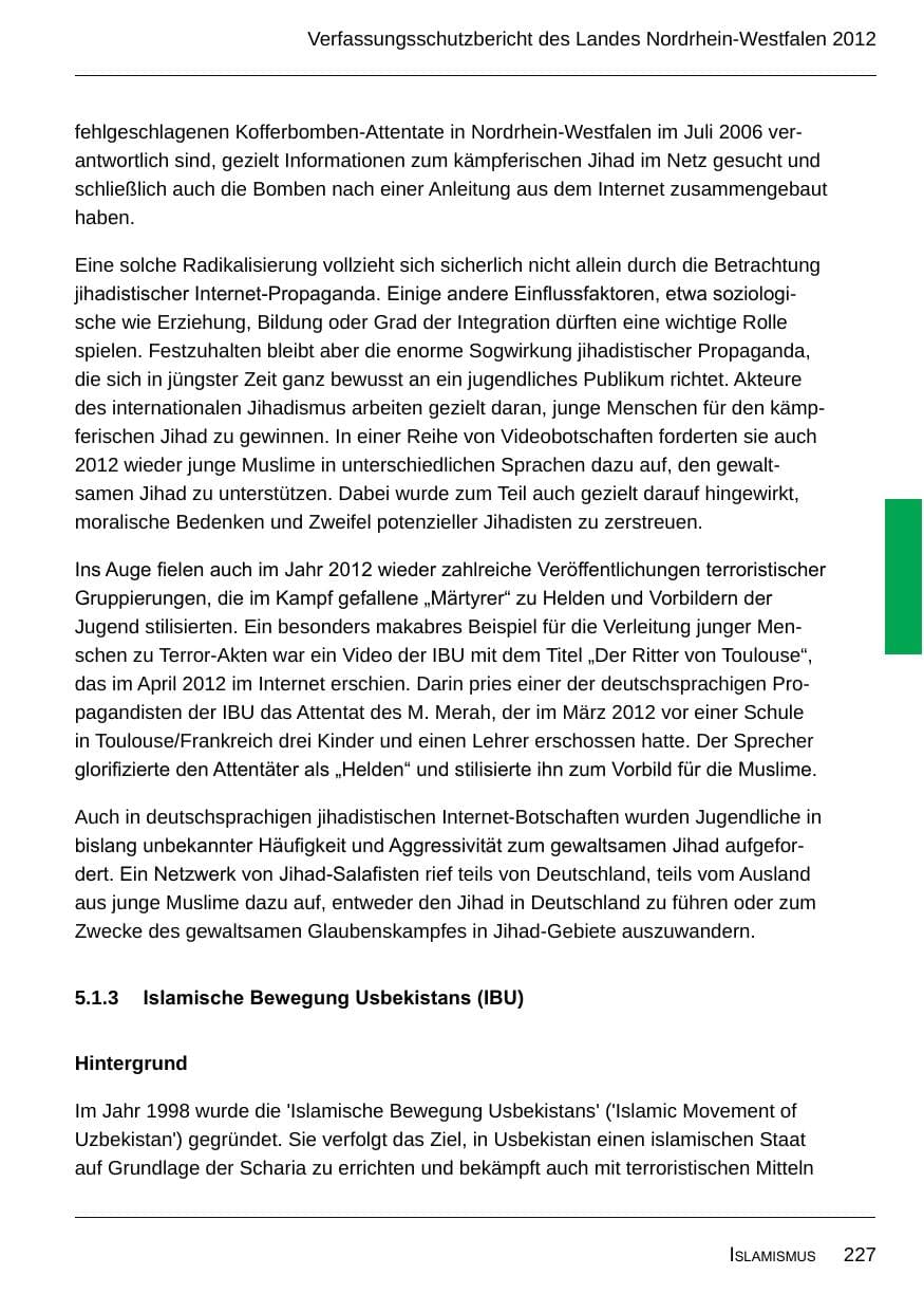 Seite 229 des Verfassungsschutzbericht 2012 Nordrhein-Westfalen