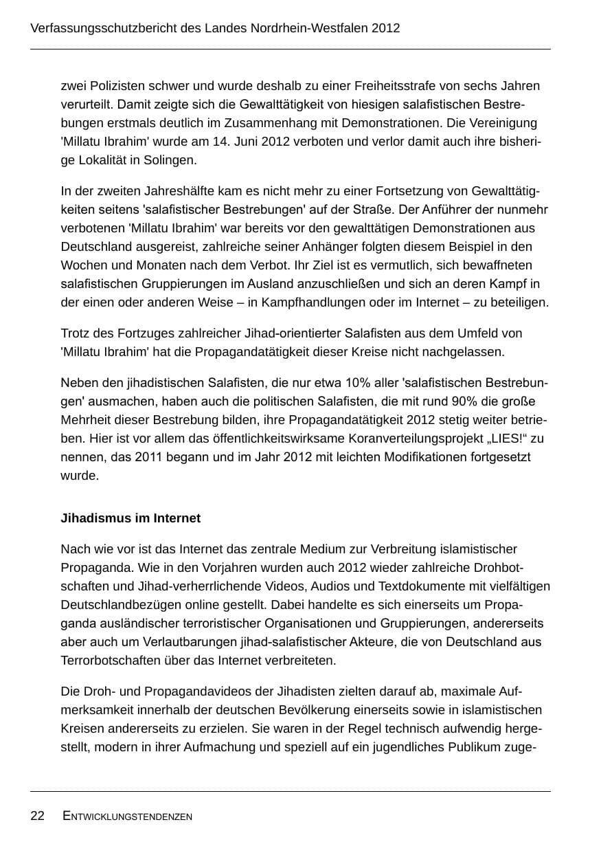 Seite 24 des Verfassungsschutzbericht 2012 Nordrhein-Westfalen