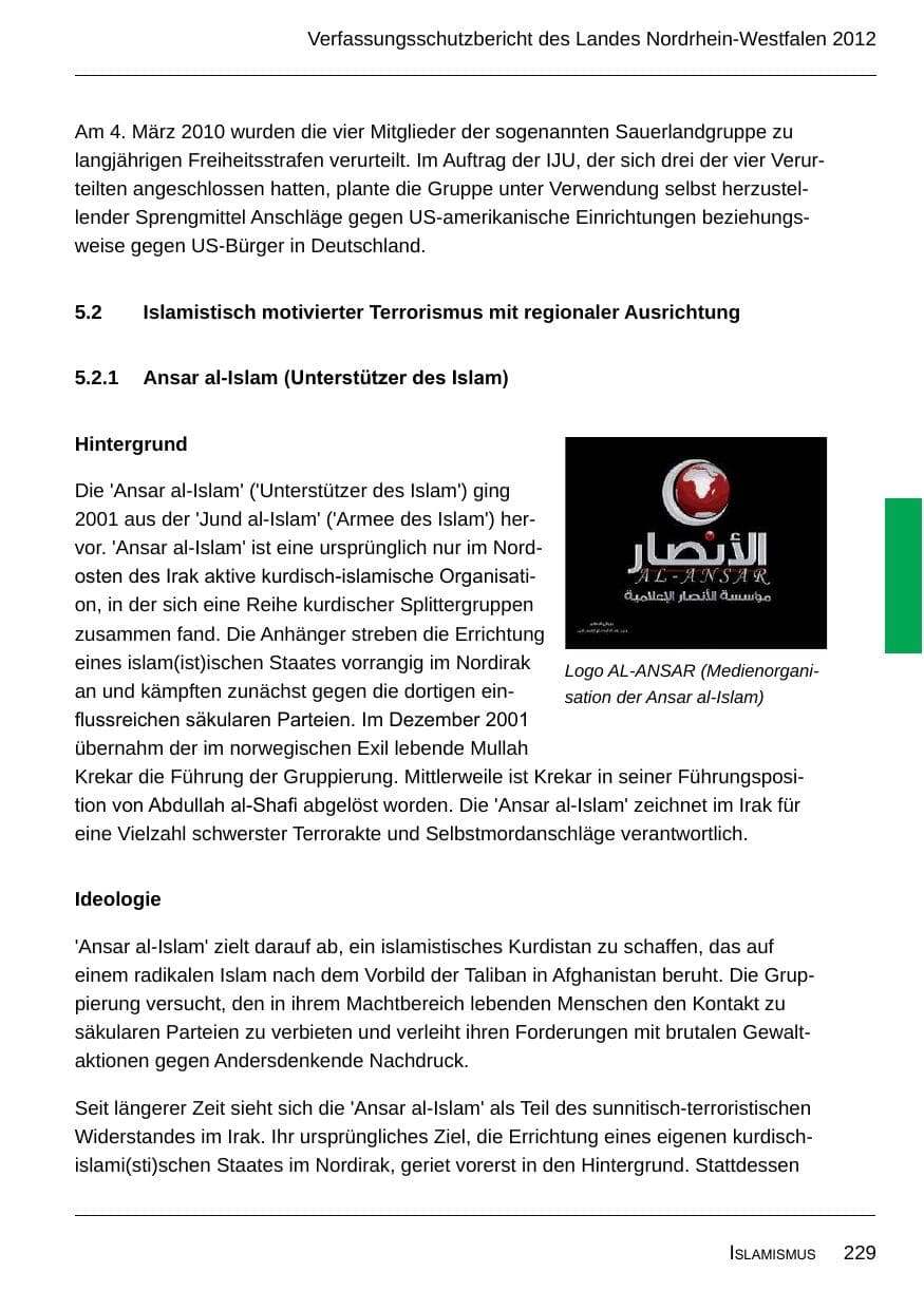 Seite 231 des Verfassungsschutzbericht 2012 Nordrhein-Westfalen