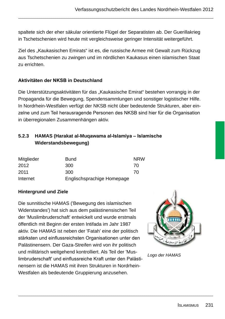 Seite 233 des Verfassungsschutzbericht 2012 Nordrhein-Westfalen