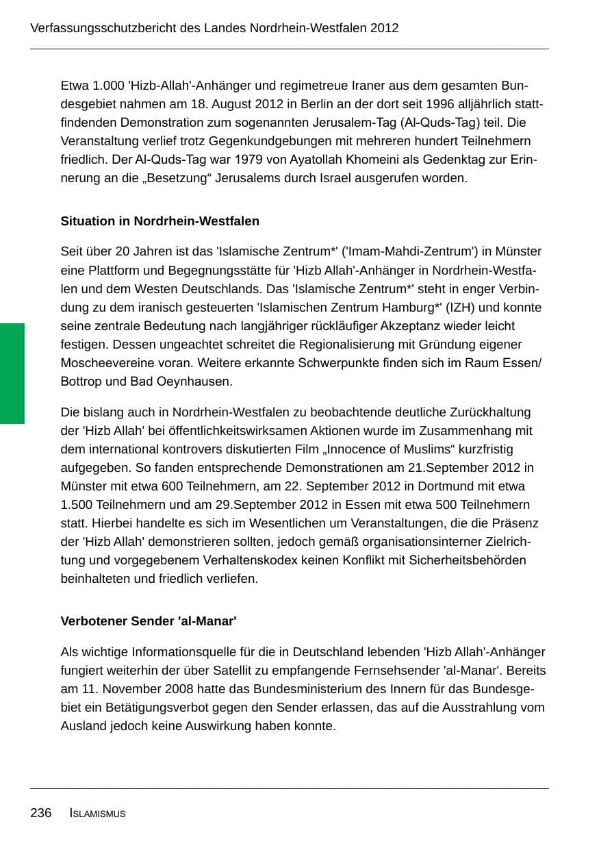 Seite 238 des Verfassungsschutzbericht 2012 Nordrhein-Westfalen