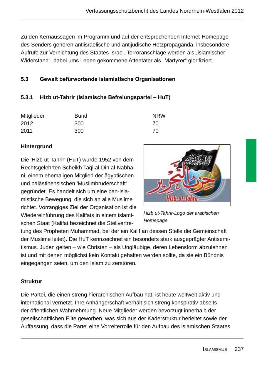 Seite 239 des Verfassungsschutzbericht 2012 Nordrhein-Westfalen