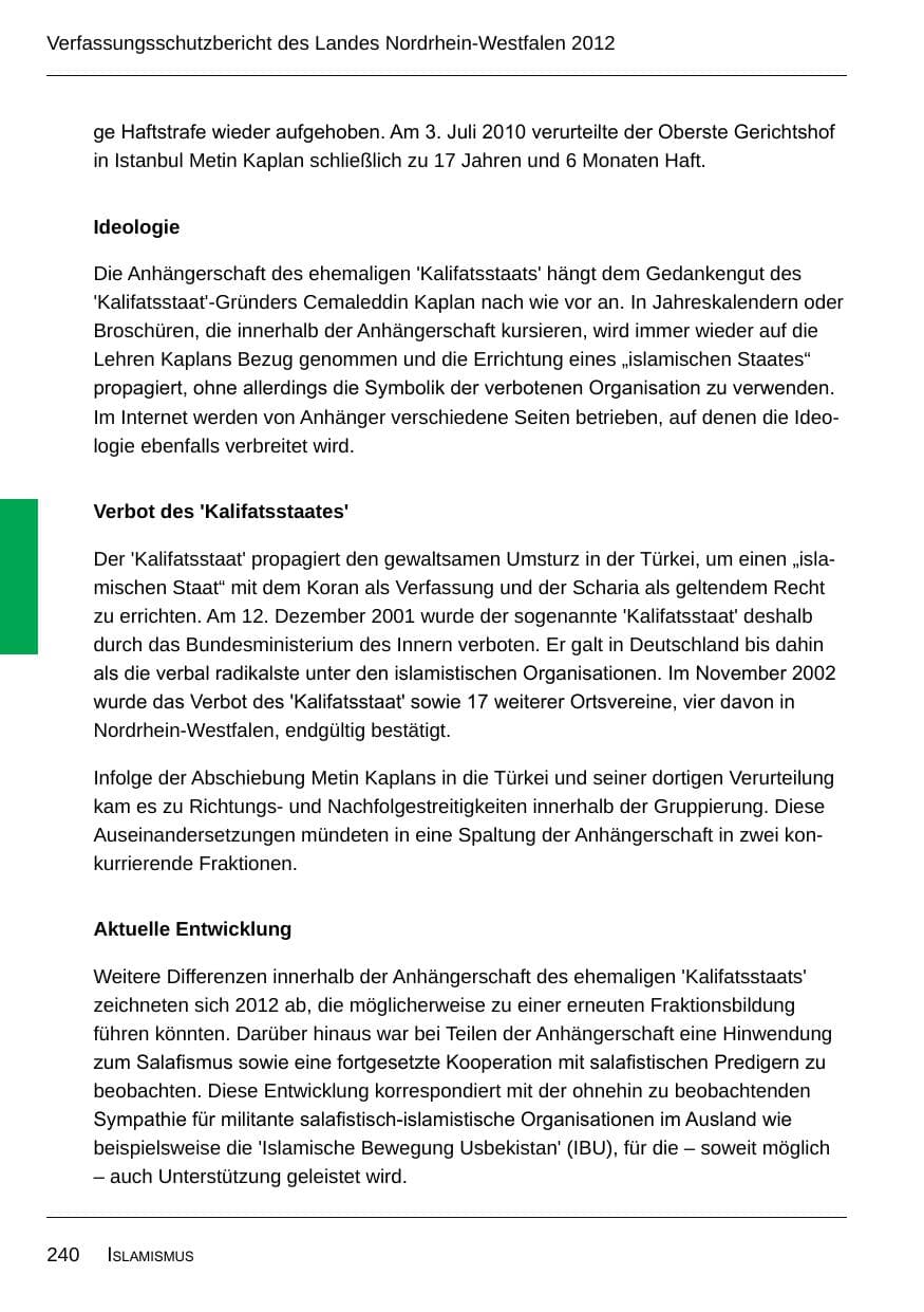 Seite 242 des Verfassungsschutzbericht 2012 Nordrhein-Westfalen