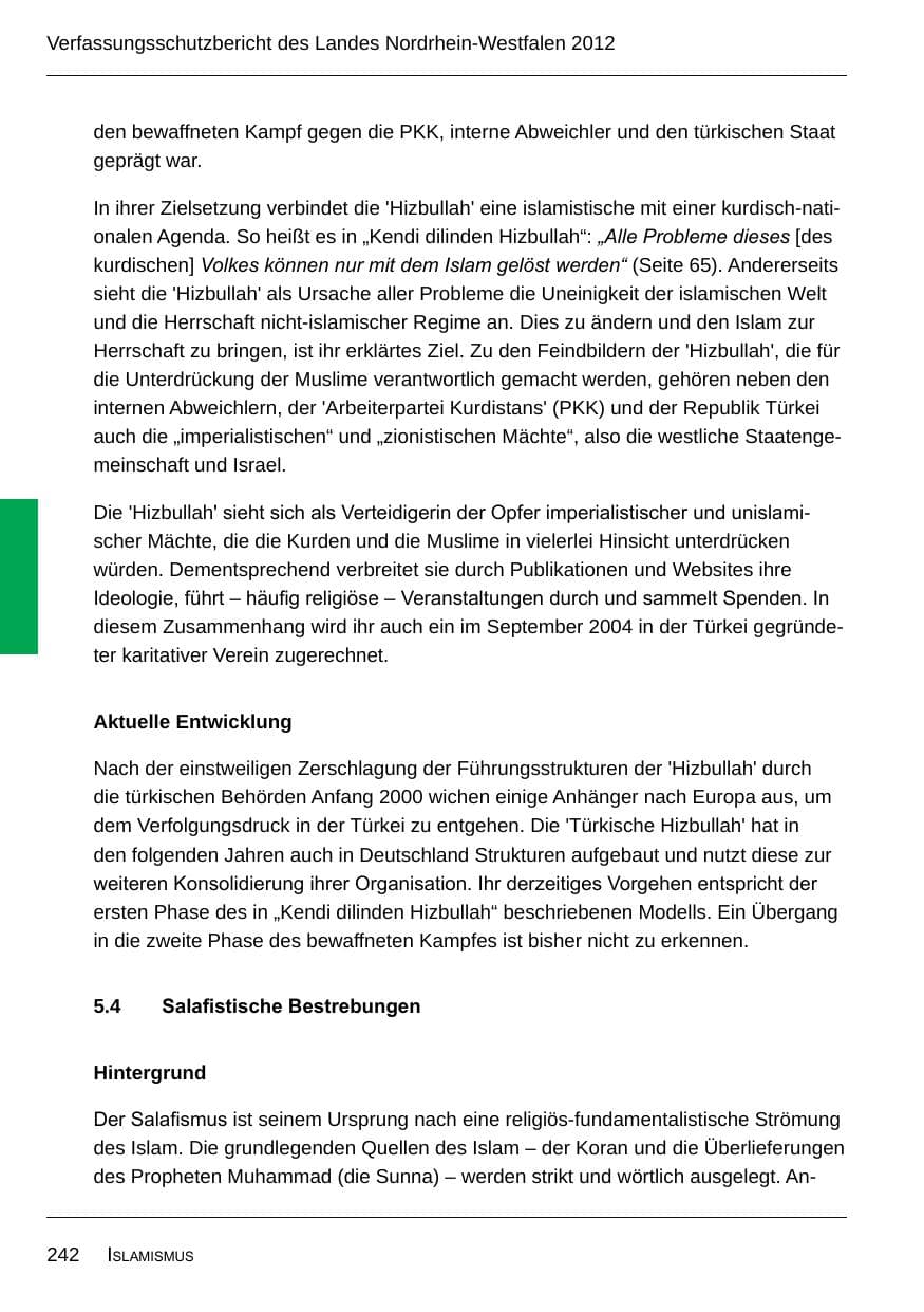 Seite 244 des Verfassungsschutzbericht 2012 Nordrhein-Westfalen