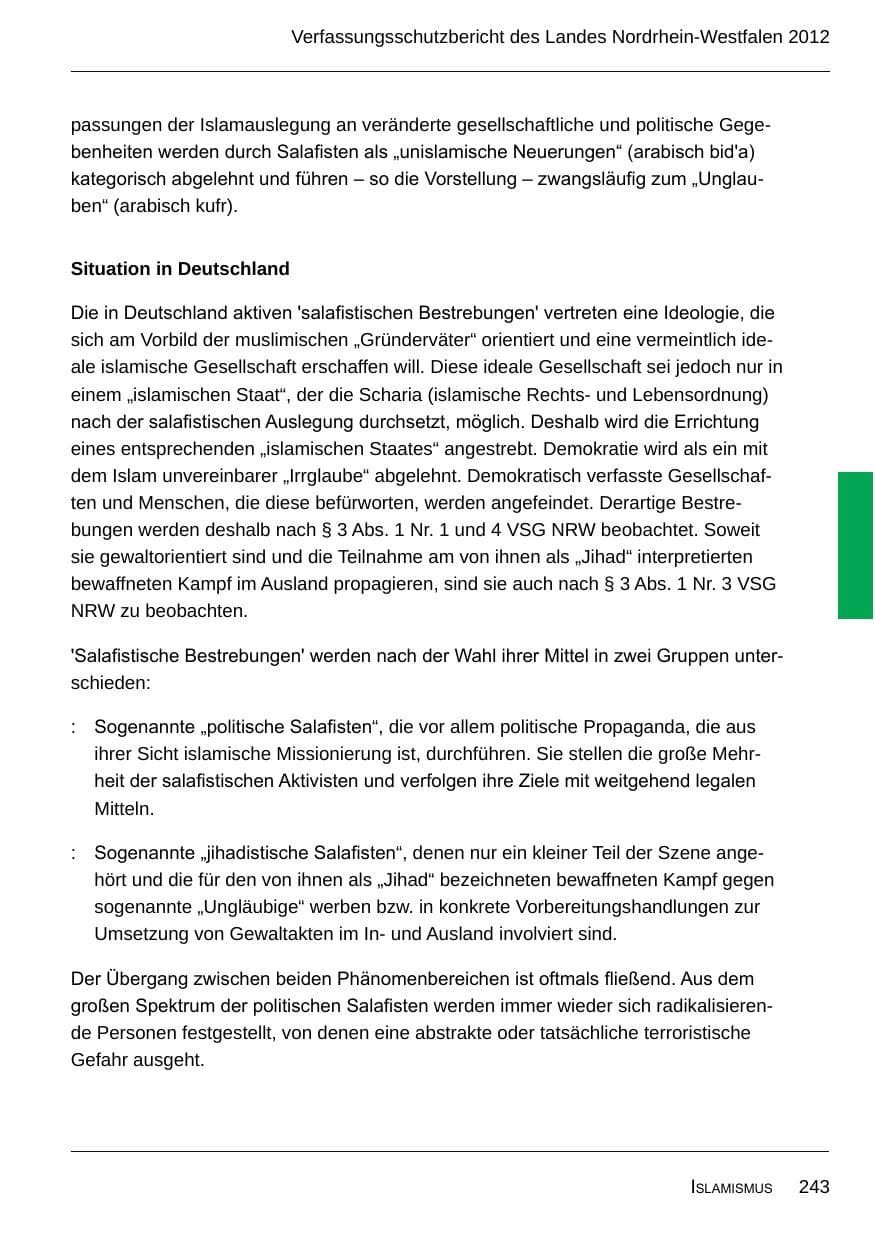 Seite 245 des Verfassungsschutzbericht 2012 Nordrhein-Westfalen