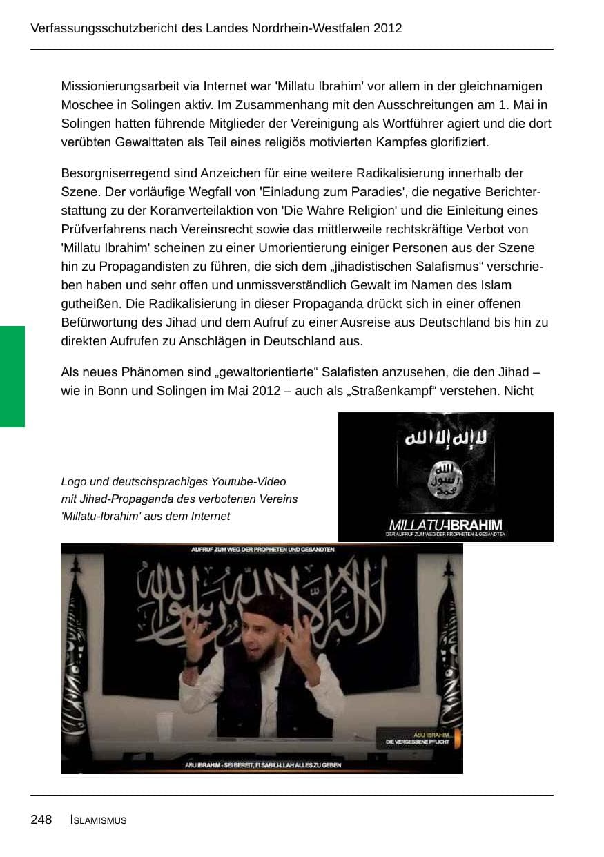 Seite 250 des Verfassungsschutzbericht 2012 Nordrhein-Westfalen