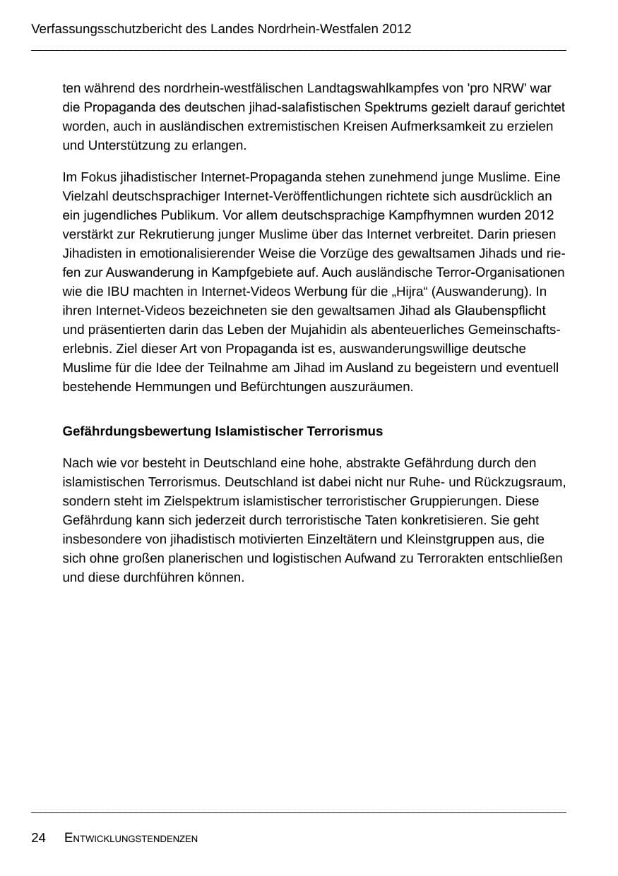 Seite 26 des Verfassungsschutzbericht 2012 Nordrhein-Westfalen
