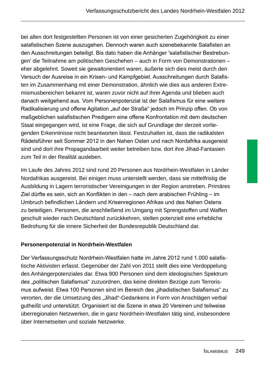 Seite 251 des Verfassungsschutzbericht 2012 Nordrhein-Westfalen