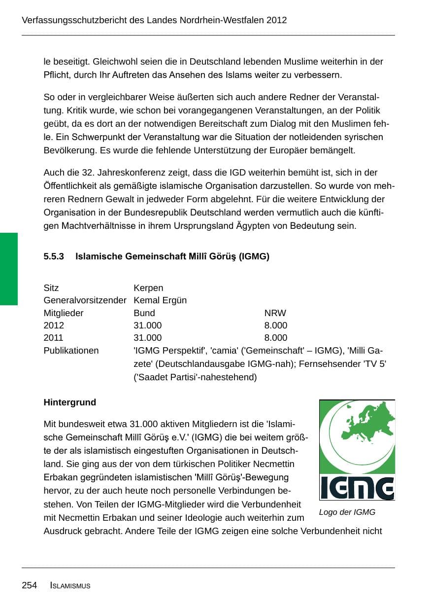 Seite 256 des Verfassungsschutzbericht 2012 Nordrhein-Westfalen