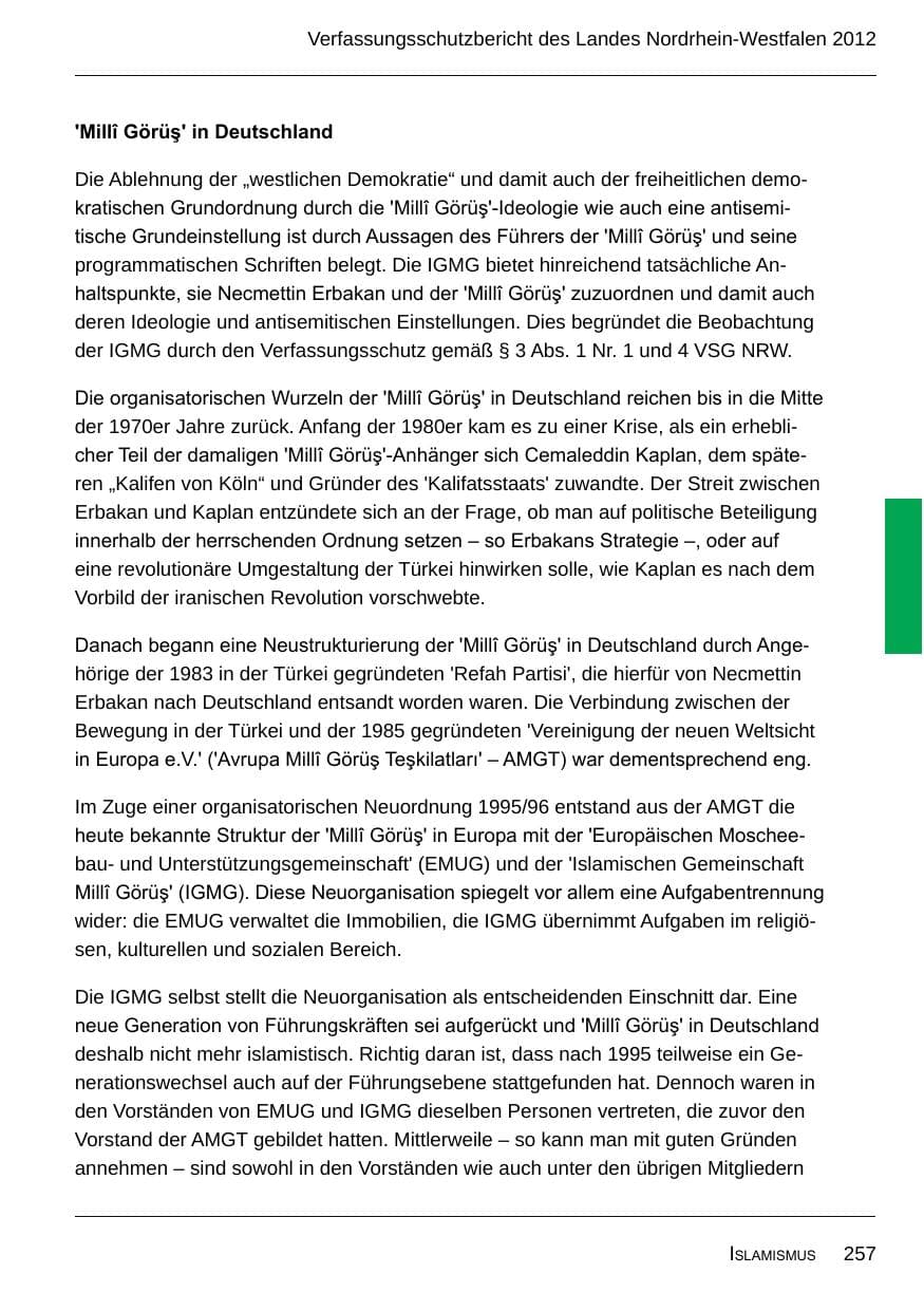 Seite 259 des Verfassungsschutzbericht 2012 Nordrhein-Westfalen