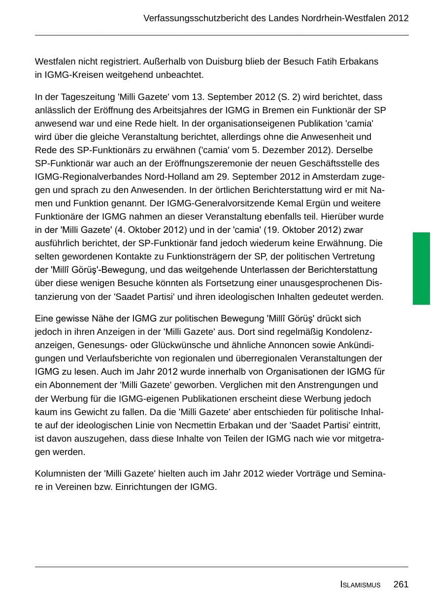 Seite 263 des Verfassungsschutzbericht 2012 Nordrhein-Westfalen