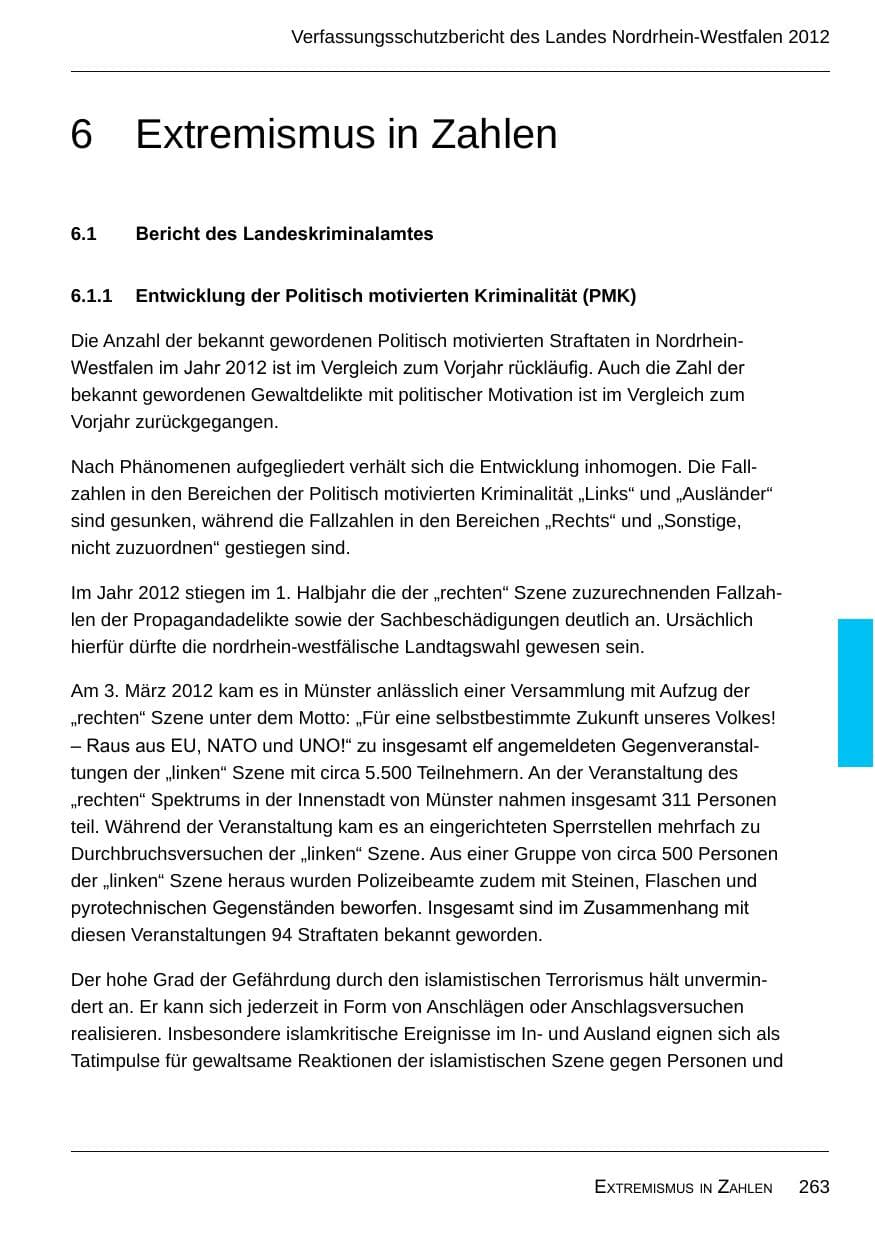 Seite 265 des Verfassungsschutzbericht 2012 Nordrhein-Westfalen